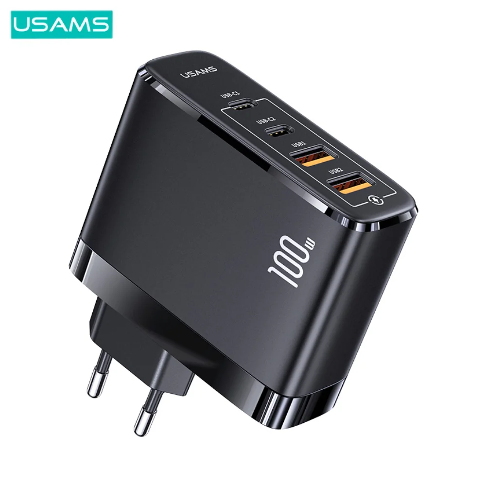 Chargeur Secteur GaN Usams US-CC145 T44 Chargeur rapide 100W (2x Type-C PD3.0 + 2x USB QC3.0) Noir