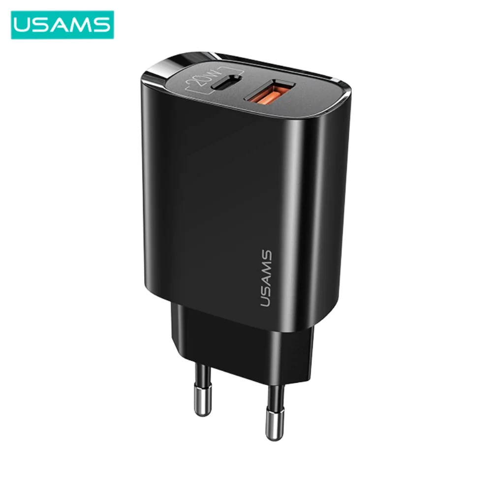 Chargeur Secteur Multi Usams US-CC121 T35 charge rapide 20W (Type-C PD3.0 + USB QC3.0) Noir