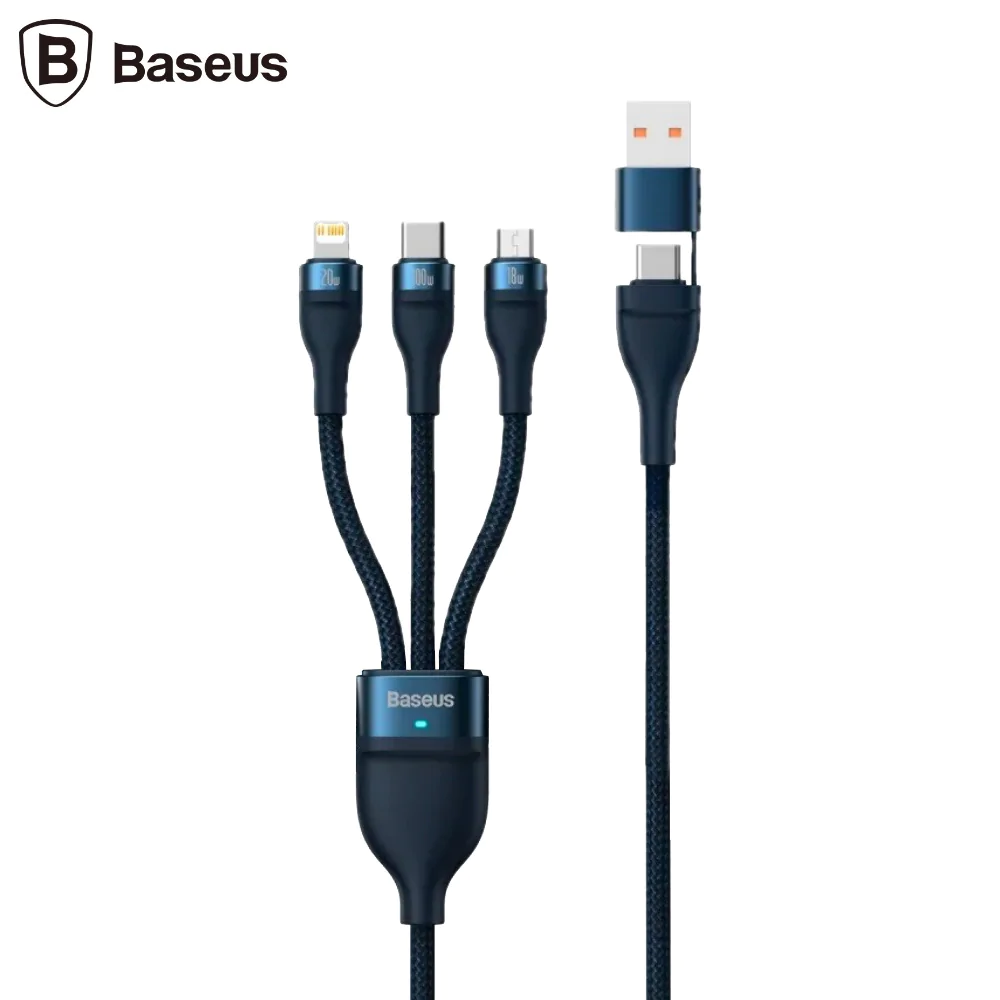 Câble Data Multi Baseus Flash Series II USB + Type-C vers Type-C + MicroUSB + Lightning 100W (1,2m) CASS030103 Bleu