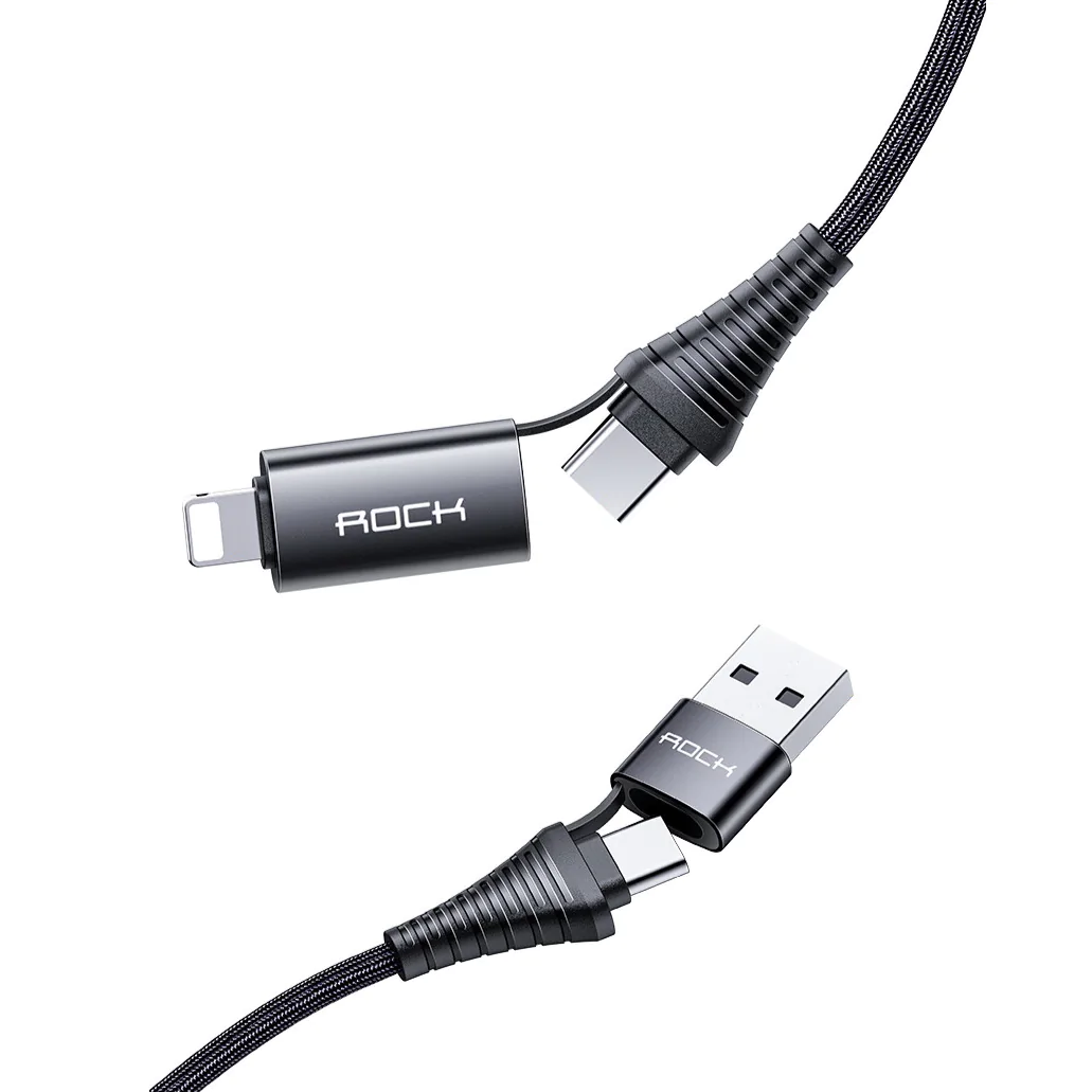 Câble Data Multi Rock R12 3A Multi-function USB + Type-C vers Type-C + Lightning RCB0799 (1m) Noir