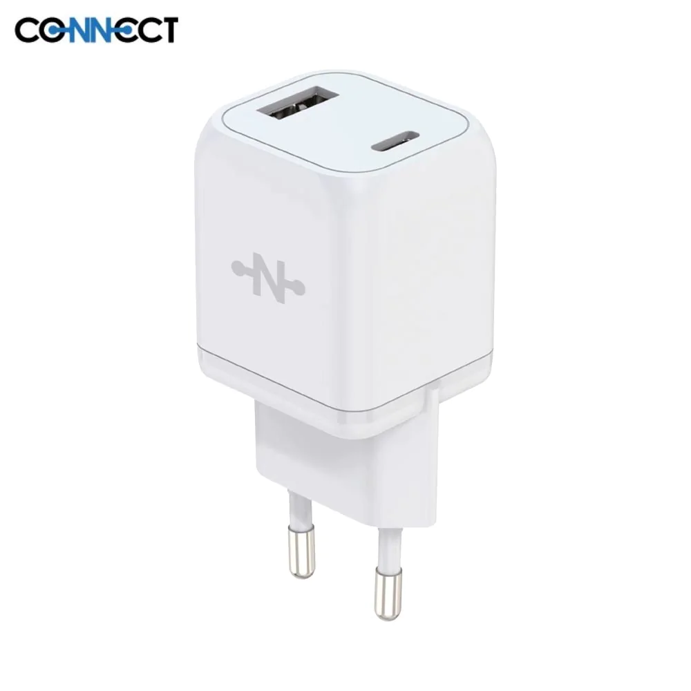 Chargeur Secteur GaN CONNECT MC-CBDAC33W Charge Rapide 33W (USB + Type-C) Blanc