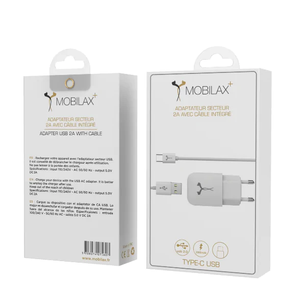Chargeur Secteur USB CONNECT 2A avec Câble USB vers Type-C Blanc