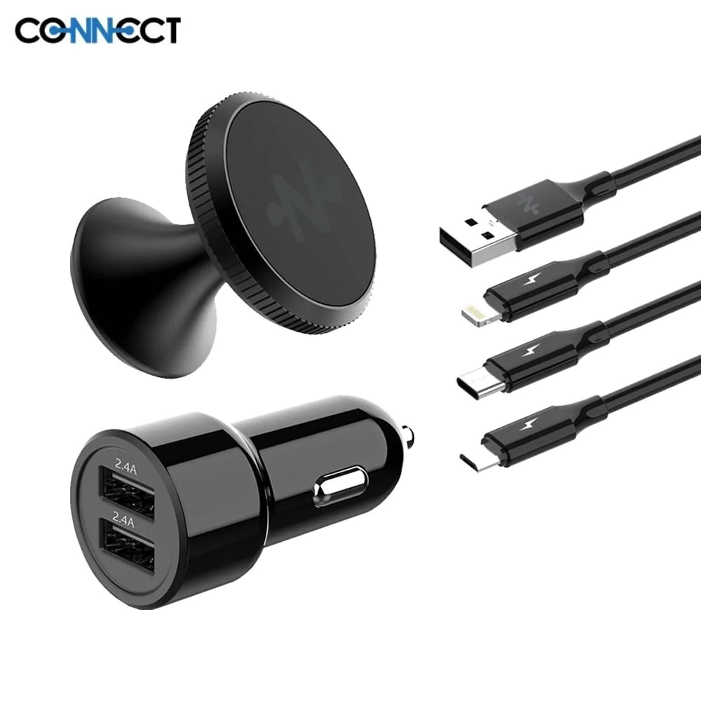 Pack Voyage CONNECT Support Voiture (Magnétique) / Câble 3 en 1 (1.2m)/ Chargeur Allume Cigare (2 USB) Noir