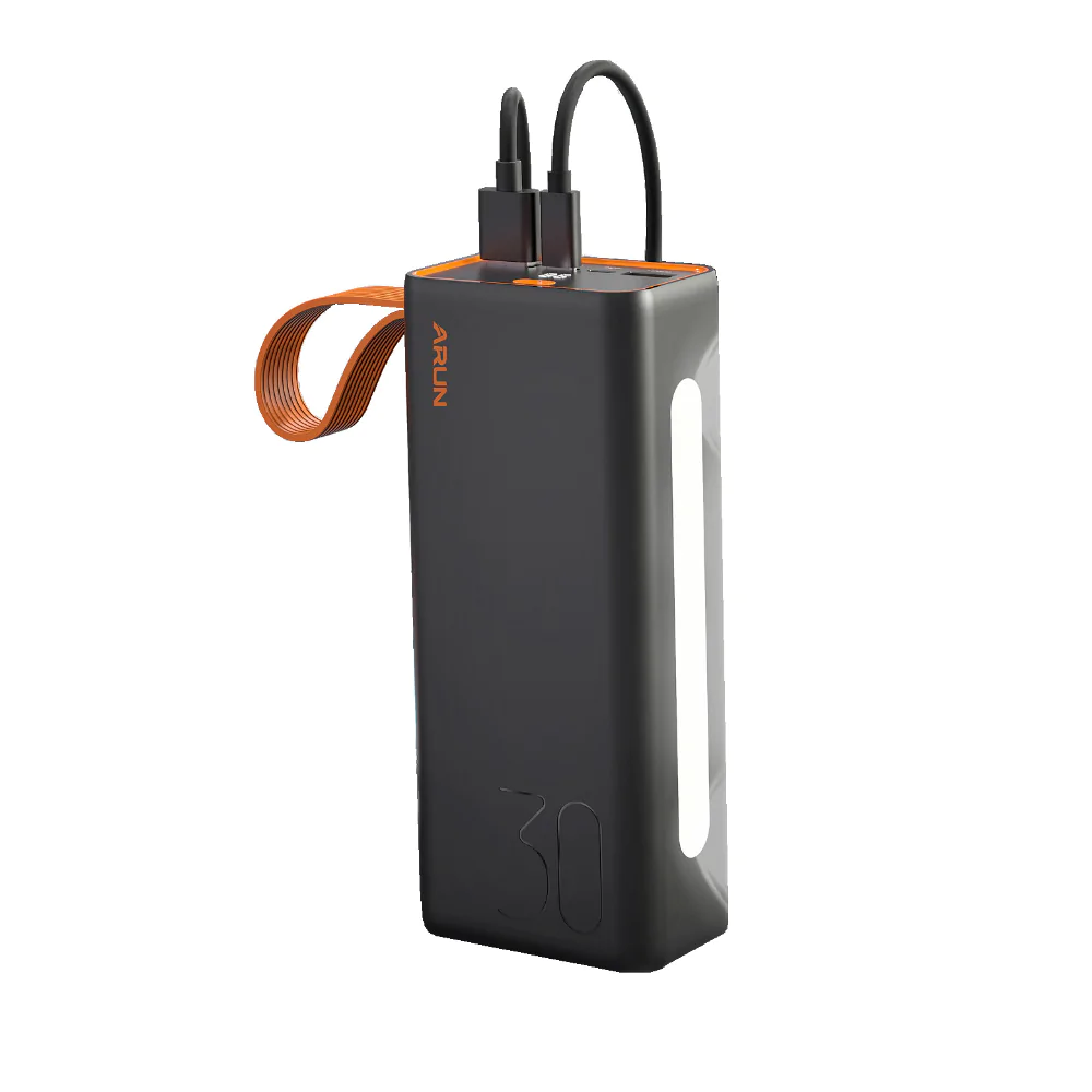 Batterie Externe Power Bank Arun 30000mAh 2 USB +1 Type-C + 1 MicroUSB + Lampe Noir