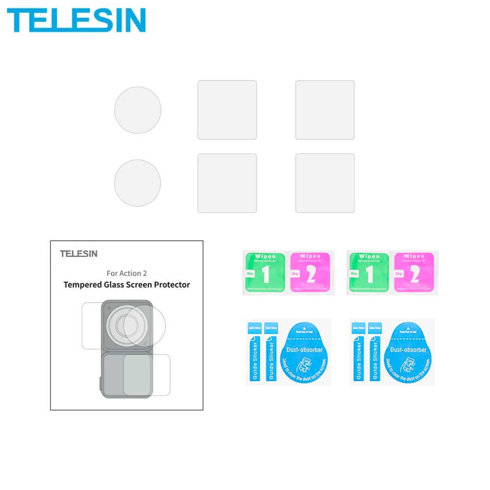 Verre Trempé Classique TELESIN OA-FLM-004 pour DJI Action 2 Dual-Screen Combo (4x Écran + 2x Lentille) Transparent