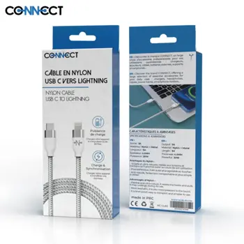 Câble Data Type-C vers Lightning CONNECT MC-CLB3 Nylon Tressé (1m) Blanc