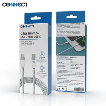 Câble Data Type-C vers Type-C CONNECT MC-CCB3 Nylon Tressé (1m) Blanc
