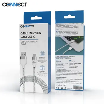 Câble Data USB vers Type-C CONNECT MC-CCB4 Nylon Tressé (1m) Blanc