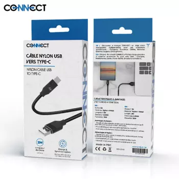 Câble Data USB vers Type-C CONNECT MC-CCN8 Nylon Tressé (2m) Noir