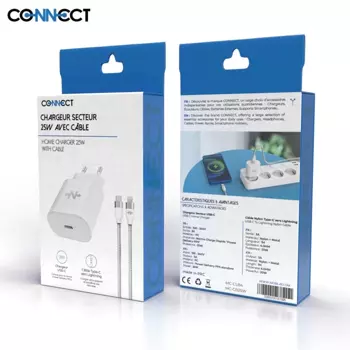 Chargeur Secteur Type-C CONNECT Charge Rapide 25W avec Câble Nylon Tressé Type-C vers Lightning (1m) Blanc