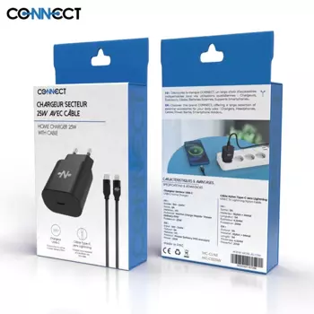 Chargeur Secteur Type-C CONNECT Charge Rapide 25W avec Câble Nylon Tressé Type-C vers Lightning (1m) Noir