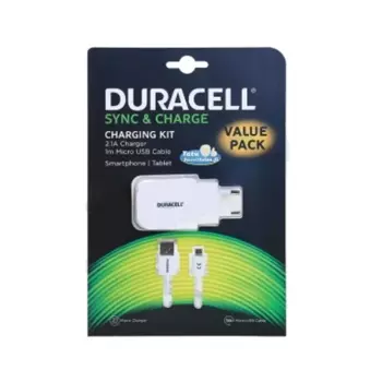 Chargeur Secteur USB DURACELL 2.1A avec Câble USB vers MicroUSB (1m) Blanc